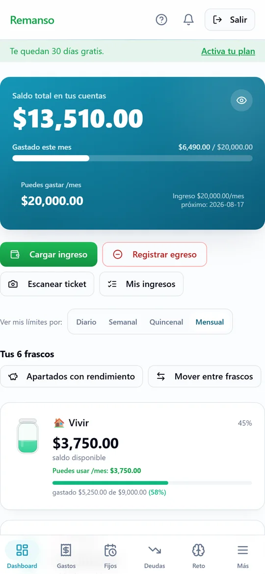 La app Remanso: tu saldo total y tus 6 cuentas, con barra de presupuesto del mes.